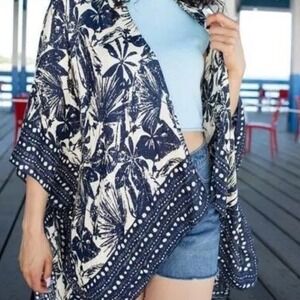 Saachi Woodblock Duster Navy Tropical High Low Kimono Beachy Summer Vacation